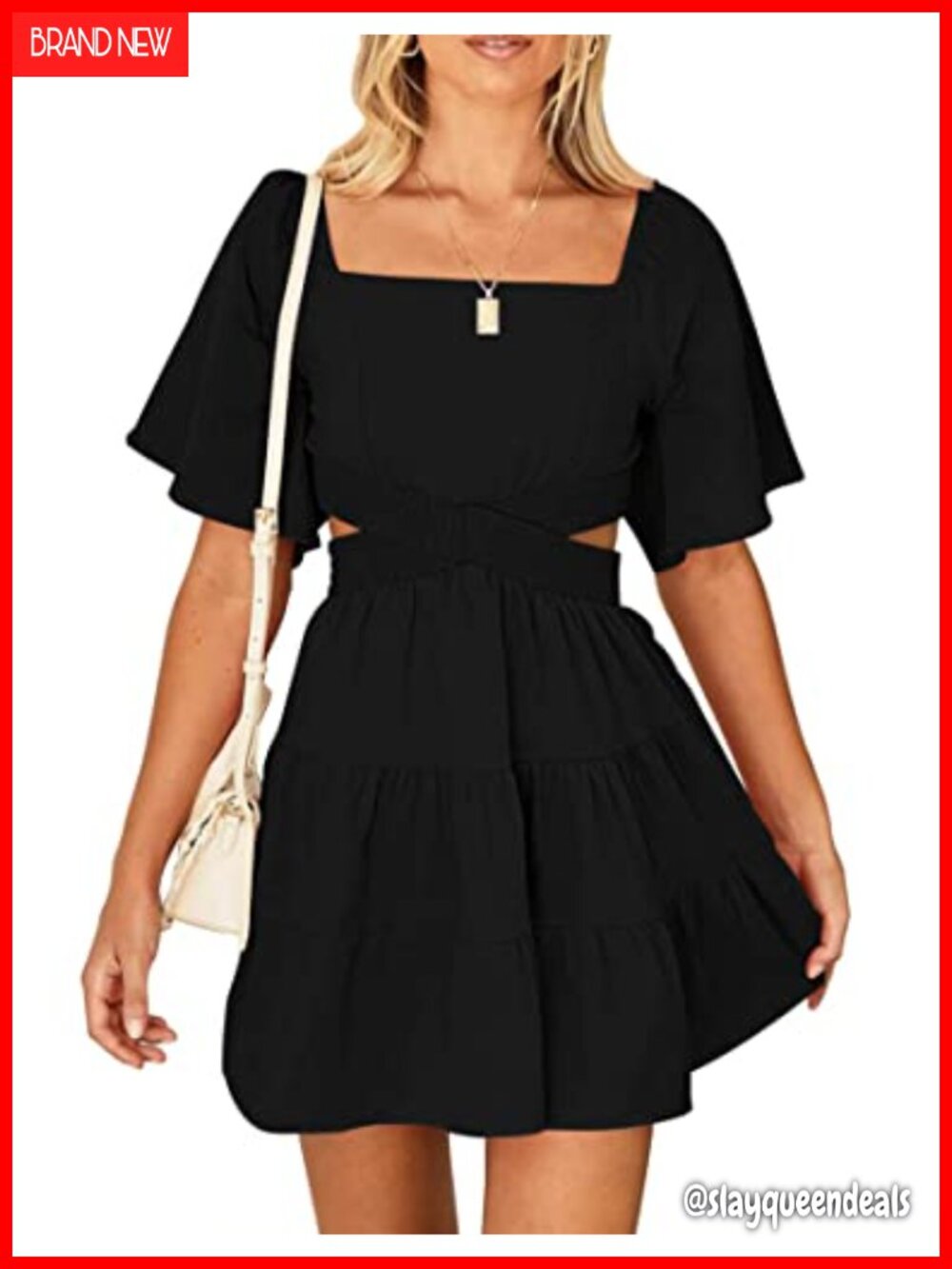 Women's Summer Mini Dress Square Neck Flared Sleeve A-Line Ruffle Hem